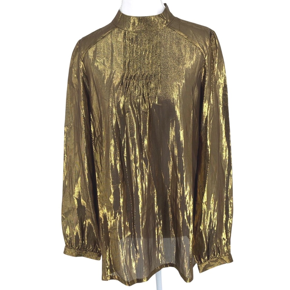 Vertigo Paris Silk Lurex Metallic Gold Mock Neck Blouse Medium NWT